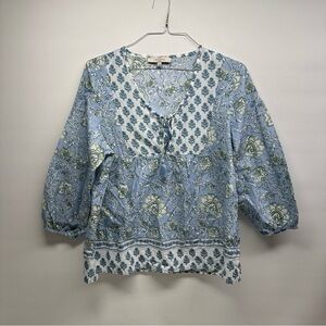 CASA CABANA Floral GREEN and blue Women's Top SIZE L 3/4 sleeves
